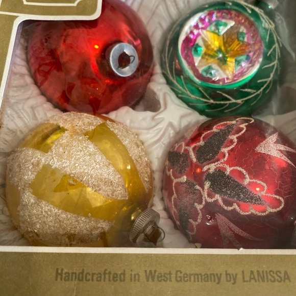 4 VTG blown glass ornaments in Larnissa Box/indents/ Mica/2.75-3"West Germany